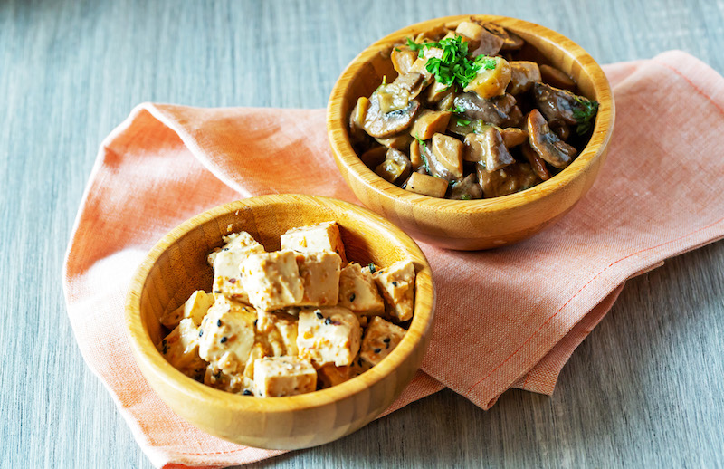 Nutty Sesame Tofu (R) and King Mushrooms (L). Photo: Aloha Poké