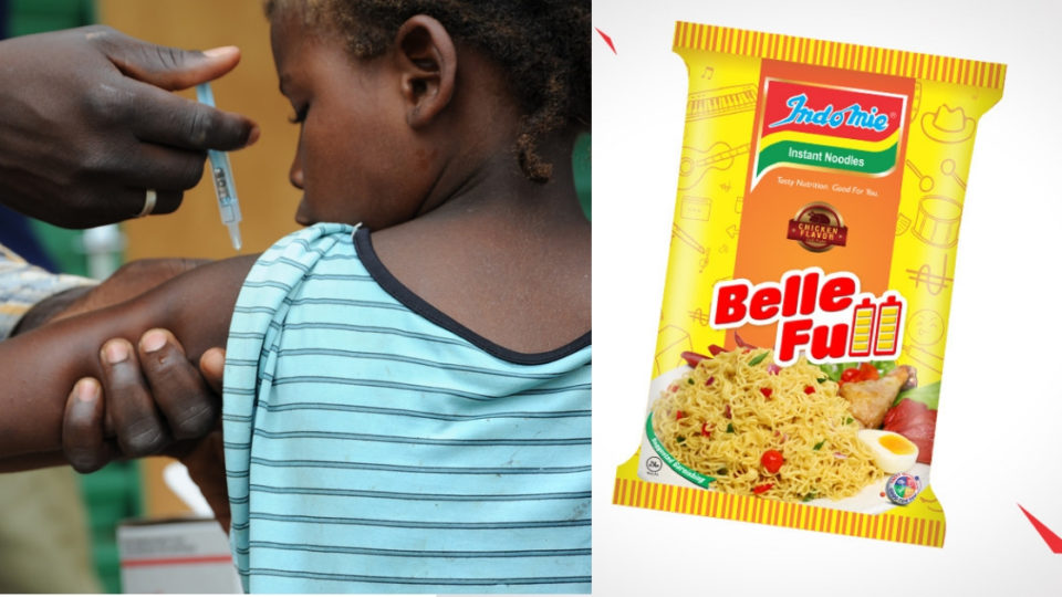 (Left) Child receiving immunization shot. Photo: WHO / Flickr. (Right) Package of Indomie “Belle Full” from Nigeria. Photo: Dufil Prima Foods