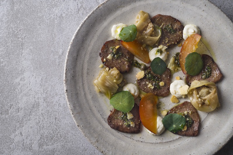 boCHINche’s Ox Tongue with eggplant escabeche, Parmesan biscuit, horseradish and nasturtium.