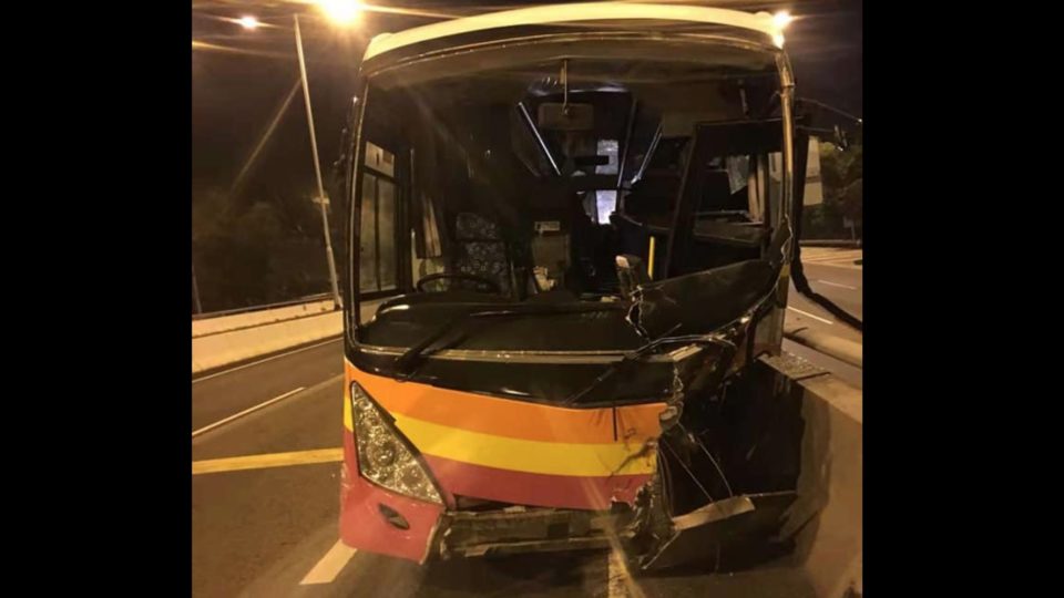 A picture of the bus involved in this morning’s crash. Via Facebook.