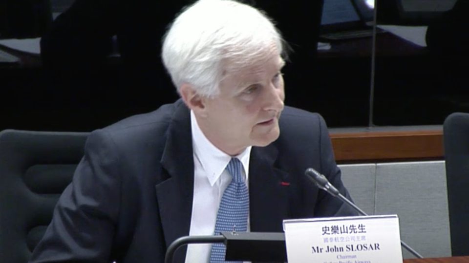 Cathay Pacific chairman John Slosar pic via Legislative Council live feed.