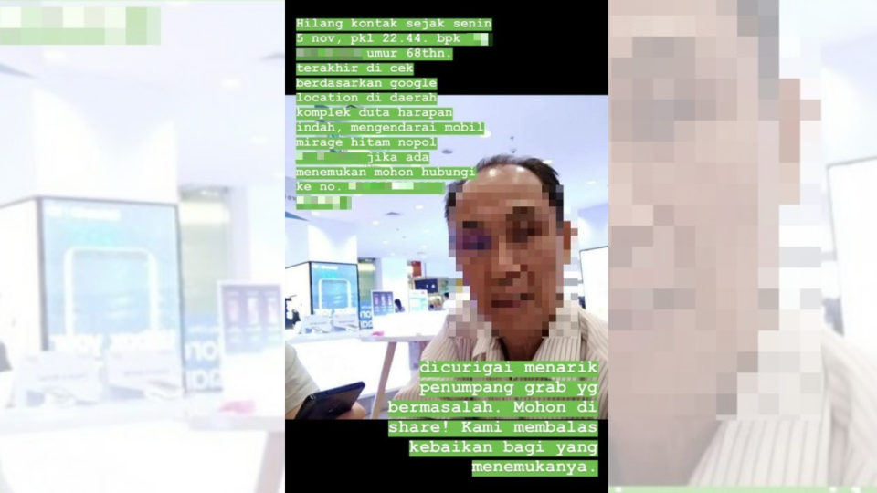 A screenshot of an online plea for help finding a missing Grab driver identified as JST. He was found dead in a suspected murder two days later. PHOTO: Twitter/@lulleaby