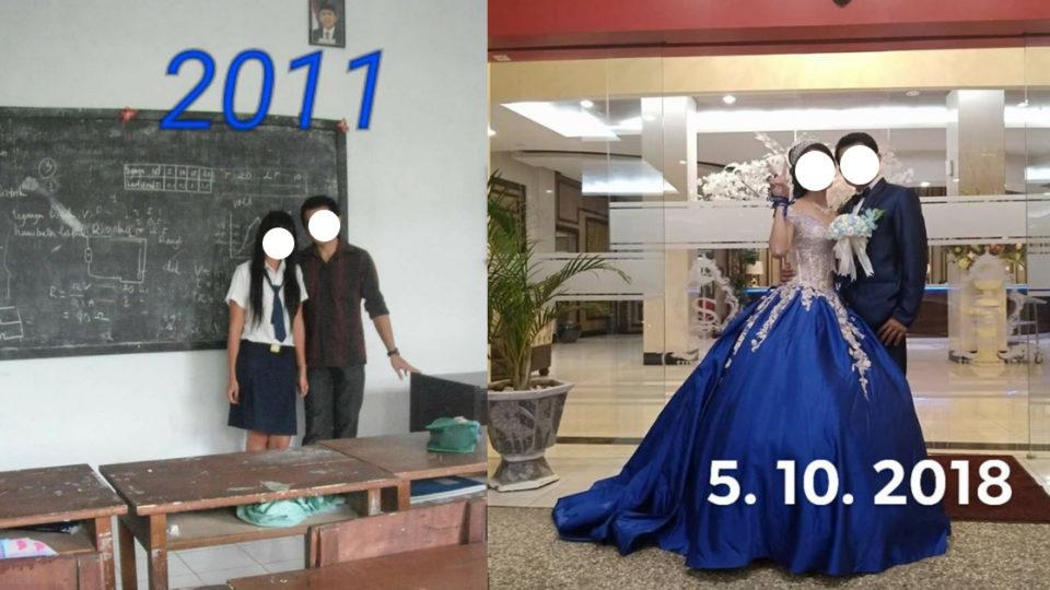 Photos of the couple in 2011, when he was her middle school science teacher, and from their wedding earlier this year. Source: Facebook 