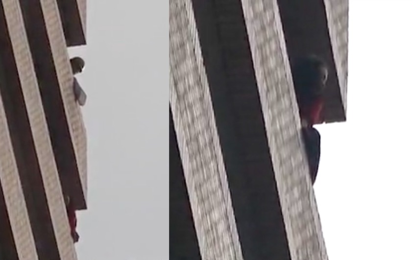 What appears to be a police negotiator talking to a woman who tried to escape from a 19th floor apartment in Tai Tam. Screengrab via Apple Daily video.