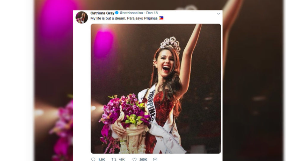 Miss Universe 2018 Catriona Gray tweets: “My life is but a dream. Philippines, this is for you.” Photo: Catriona Gray/Twitter