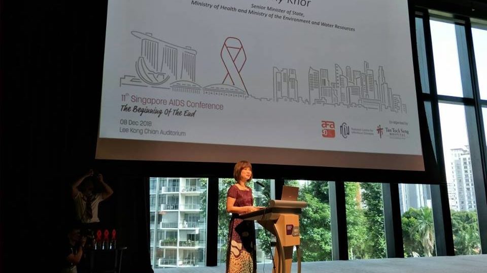 Senior Minister of State for Health Amy Khor speaking at the Singapore AIDS Conference on Saturday (Dec 8). (Photo: AfA Singapore / Facebook)