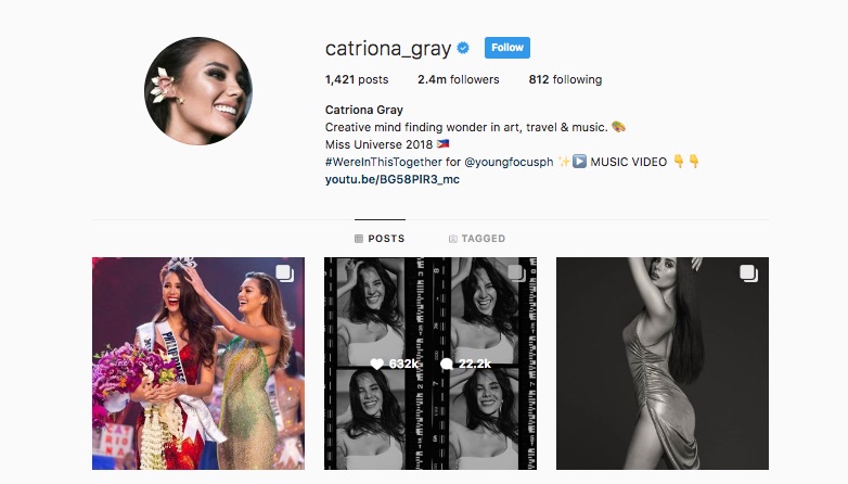 Photo: Screenshot of @catriona_gray Instagram. 