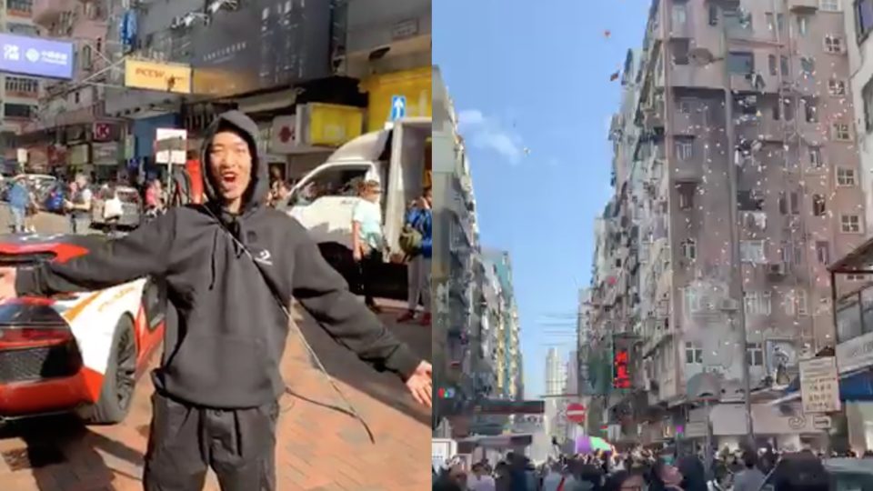 Wong Ching-kit (left) moments before cash rained down from a Sham Shui Po rooftop (right) last December. Screengrabs via Facebook.