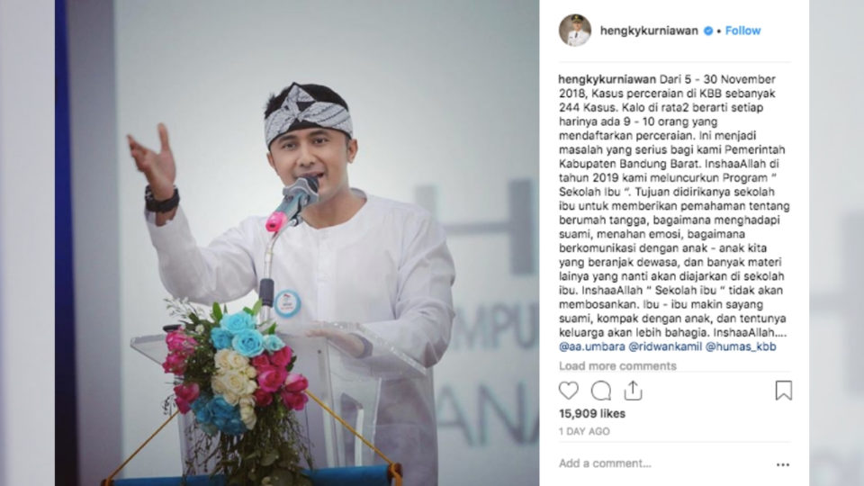 Screenshot of West Bandung Vice Regent Hengky Kurniawan Instagram post about “School for Mothers” program. Photo: Instagram/@hengkykurniawan