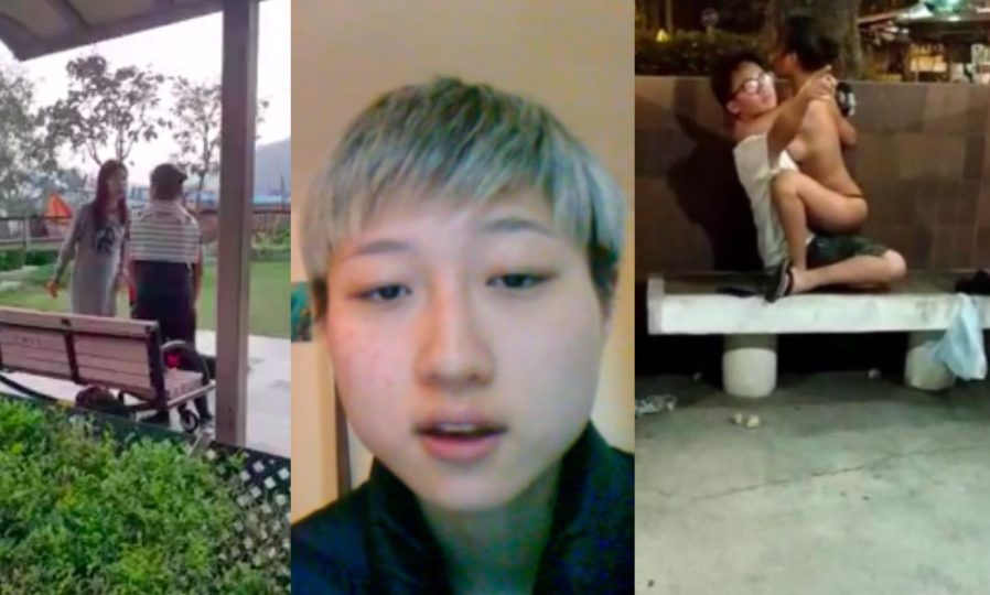 Some of the most-read stories on Coconuts HK for 2018. From left to right, video of a woman telling a domestic worker to go back to the Philippines going viral, Jackie Chan’s estranged daughter Etta Ng, and a man and a woman going at it on a bench in Mui Wo.