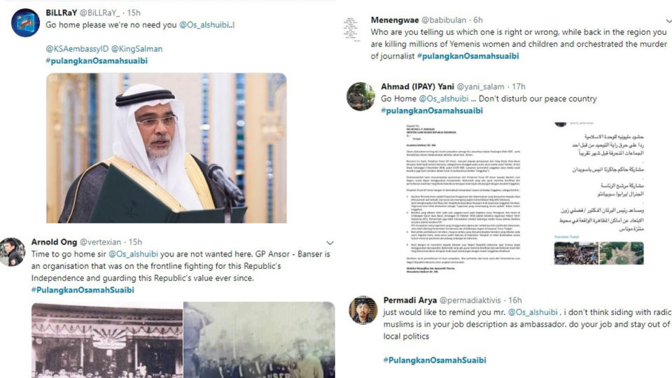 A sampling of tweets calling for the Saudi Ambassador to Indonesia to leave the country with the hashtag #PulangkanOsamahSuaibi (which translates to “Send Osama Suaibi home”)