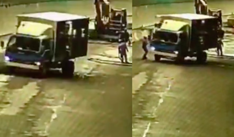 CCTV footage captures the moment a Nepalese construction worker is struck by an unmanned vehicle. Screengrab via Apple Daily video.