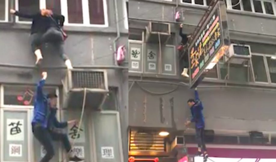A man and a woman seen trying to escape from police during an anti-vice operation in Tsim Sha Tsui. Screengrab via Apple Daily video.