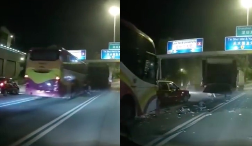 A coach is caught on dash cam rear-ending a truck just as it switches lanes on a highway, Screengrab via YouTube.