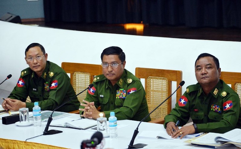 Myanmar Army top officials Major General Tun Tun Nyi (L), Major General Soe Naing Oo (C) and  Major General Zaw Min Tun (R) attend a rare military press conference at the Defence Service Museum in capital Naypyidaw on January 18, 2019. (Photo by Thet AUNG / AFP)