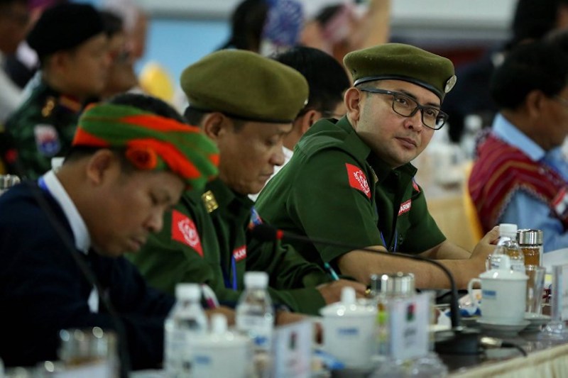 Leaders of the Arakan Army, ethnic rebel group, gather with other rebel leaders and representatives of various Myanmar ethnic rebel groups at the opening of a four-day conference in Mai Ja Yang, a town controlled by the Kachin Independence Army (KIA) in northern Kachin State on July 26, 2016. (Photo by STR / AFP)