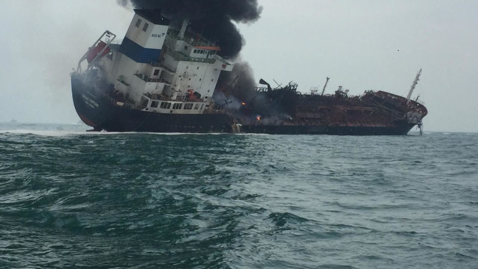 An oil tanker was on fire off the coast of the south side of Lamma Island this morning. Photo via Facebook/Hong Kong Police.