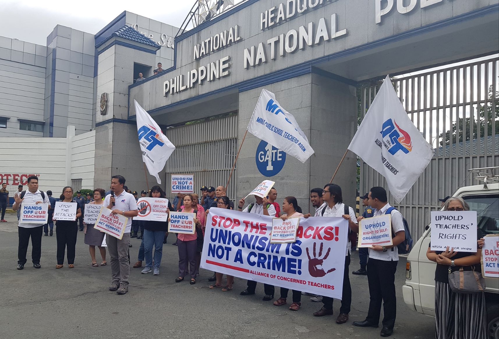 ACT members protesting today in front of Camp Crame. Photo: Alliance of Concerned Teachers' Facebook account. 