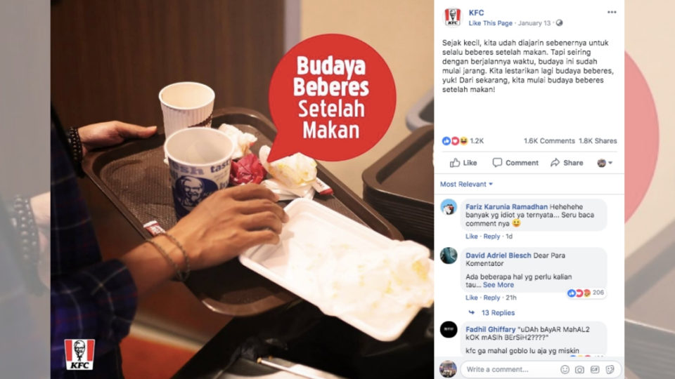 A screenshot of KFC Indonesia’s Facebook post about their “clear your table after eating” campaign. Photo: Facebook/@kfcindonesia