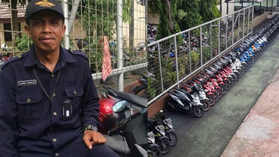 This parking lot at a South Tangerang high school sparks joy, thanks to Pak Slamet (left). Photo: Twitter/@killerqweennn