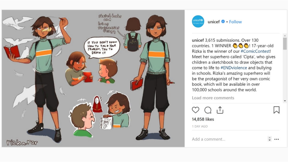 Unicef announcing the winner of their School Superhero Comic Contest, 17-year-old Rizka from Indonesia! Screengrab: @unicef / Instagram