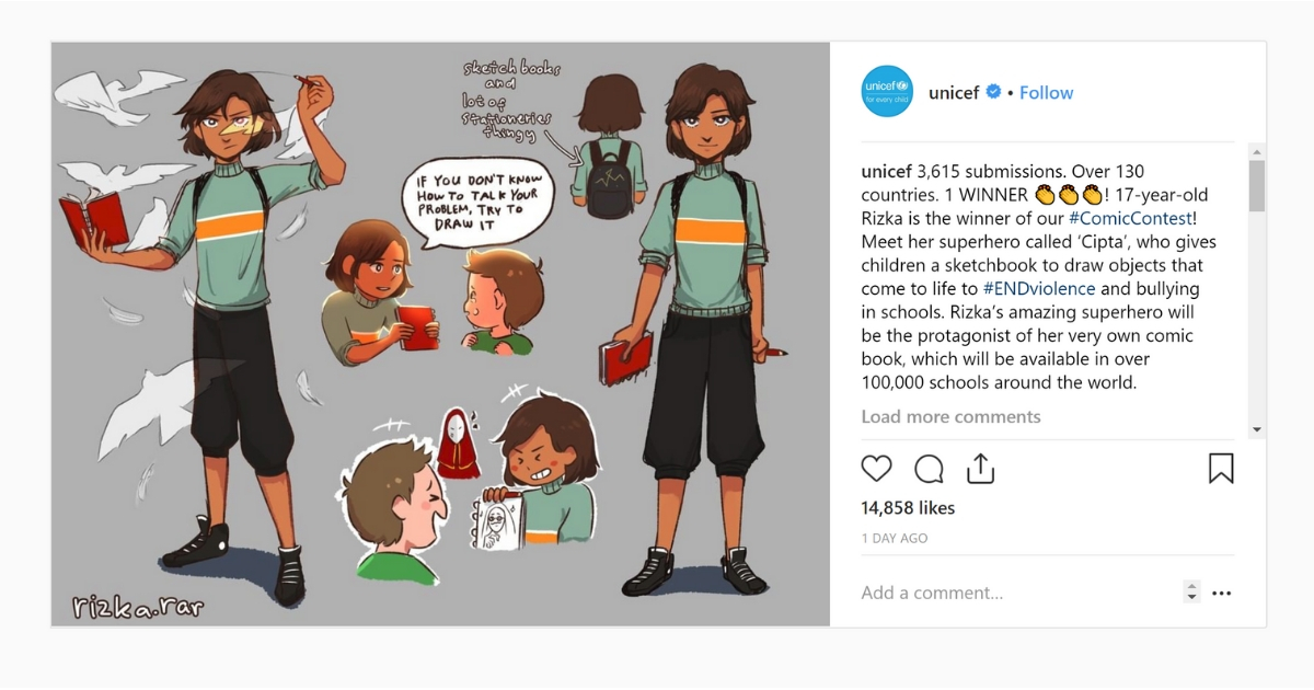 Unicef announcing the winner of their School Superhero Comic Contest, 17-year-old Rizka from Indonesia! Screengrab: @unicef / Instagram