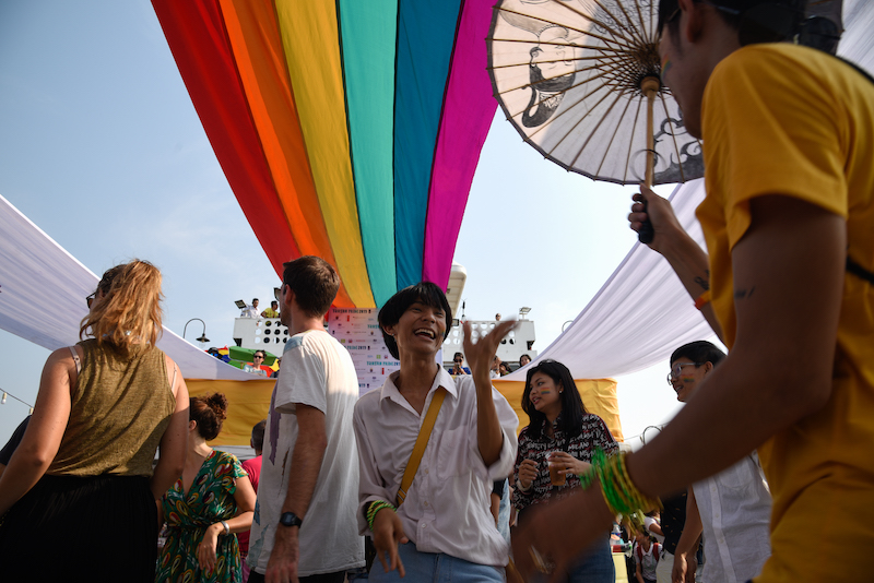 Revelers enjoying the festivities on board the first Myanmar pride boat parade (Photo: Thet Htoo / &PROUD)