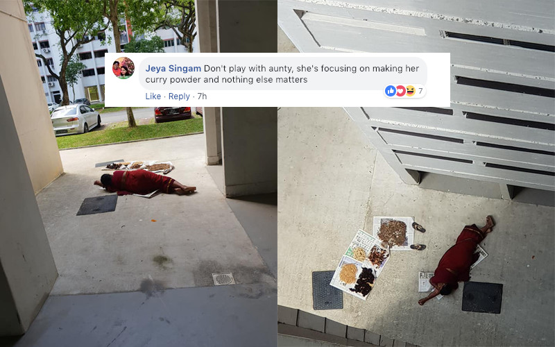 This auntie looked like she committed suicide but she was actually preserving a long-standing Indian tradition of drying fresh spices in the afternoon sun (Photo: Boy Zam / Facebook)