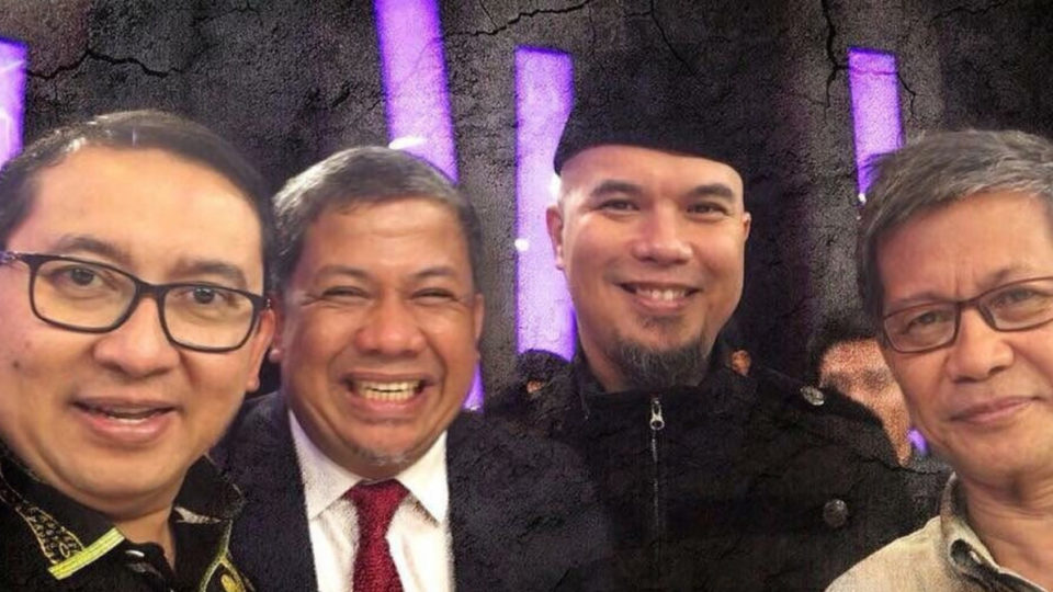 Deputy house speakers Fadli Zon and Fahri Hamzah pictured next to musician/politician/hate speech convict Ahmad Dhani. Photo: @fahrihamzah / Instagram