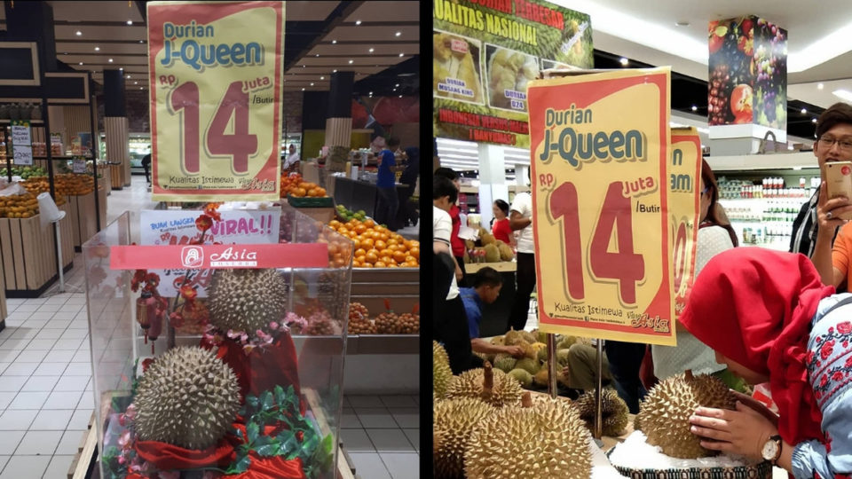 The supermarket where the J-Queen durian is being sold has become a tourist attraction in the city of Tasikmalaya. Photos: @aka.durian / @meitasusilawati / Instagram