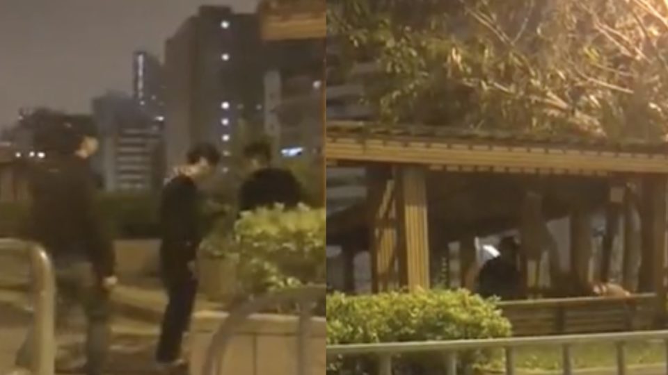 (Right) A drug dealer and member of the Sun Yee On triad gang (the man on the far right) with two men posing as people who want to buy drugs from him, seconds later he is chased into a corner (left) and is attacked by the two men and a third man who runs onto the scene shortly after. Screengrabn via Apple Daily video.