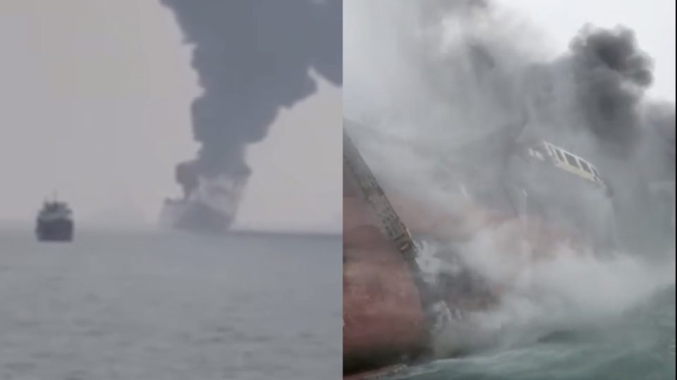 Screengrabs via YouTube. Social media video opf the oil tanker on fire off the coast of Lamma Island. Screengrabs via YouTube.