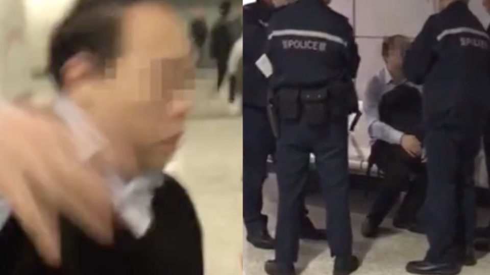 A man was arrested at Hong Kong MTR station after he was pursued by another man who accused him of indecently assaulting him on a train. Screengran via Apple Daily video.