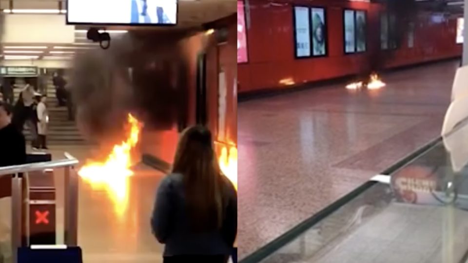 A fire broke out inside Mong Kok MTR station over the weekend. Screengrabs via YouTube.