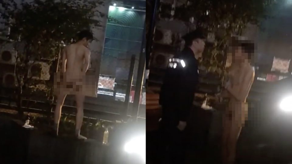 An 18-year-old man was arrested for stripping down naked to his socks and shaking his behind in front of entertained and scandalized Lan Kwai Fong revellers. Screengrab via YouTube.