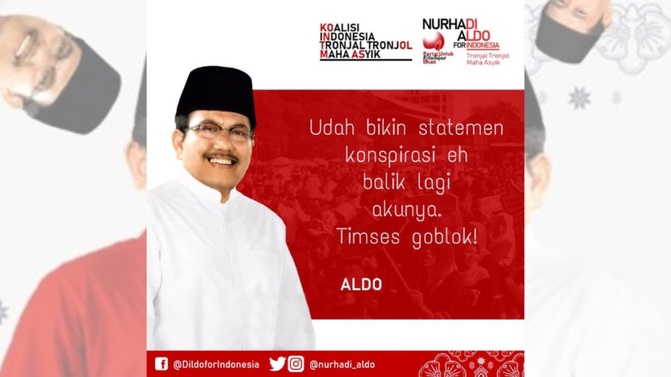 “The account was recovered only after we made a statement on alleged conspiracy. [Such a] dumb winning team!” Satirical political meme Nurhadi-Aldo temporarily disappeared from Instagram on Monday morning. Photo: Twitter/@nurhadi_aldo
