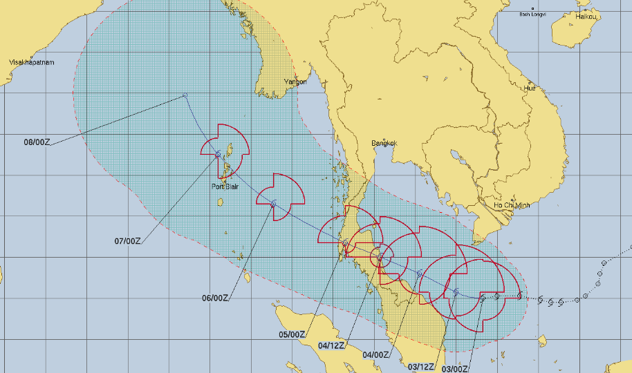 Predicted path of Tropical Storm Pabuk via the Joint Typhoon Warning Centre.
