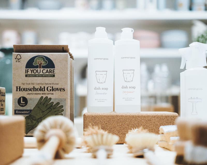 Reusable household gloves, natural biodegradable dish soap, and handmade brushes. Photo: Slowood/Facebook