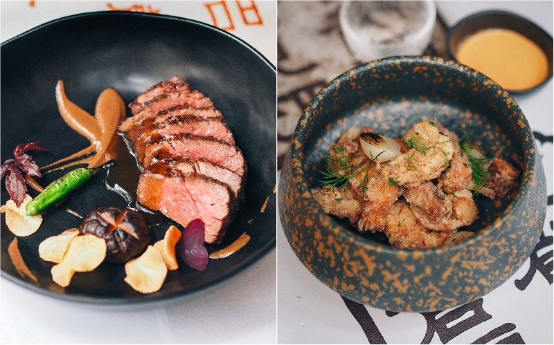 Smoked Wagyu Steak (L), Kaffir Lime Karaage (R) Photo: Chi Kinjo