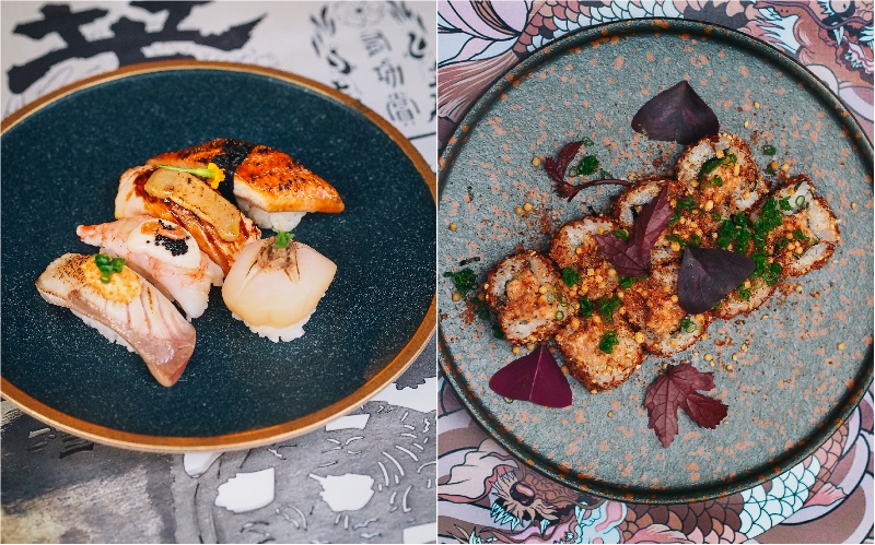 Aburi Nigiri (L), 80s Spicy Tuna Roll (R). Photo: Chi Kinjo