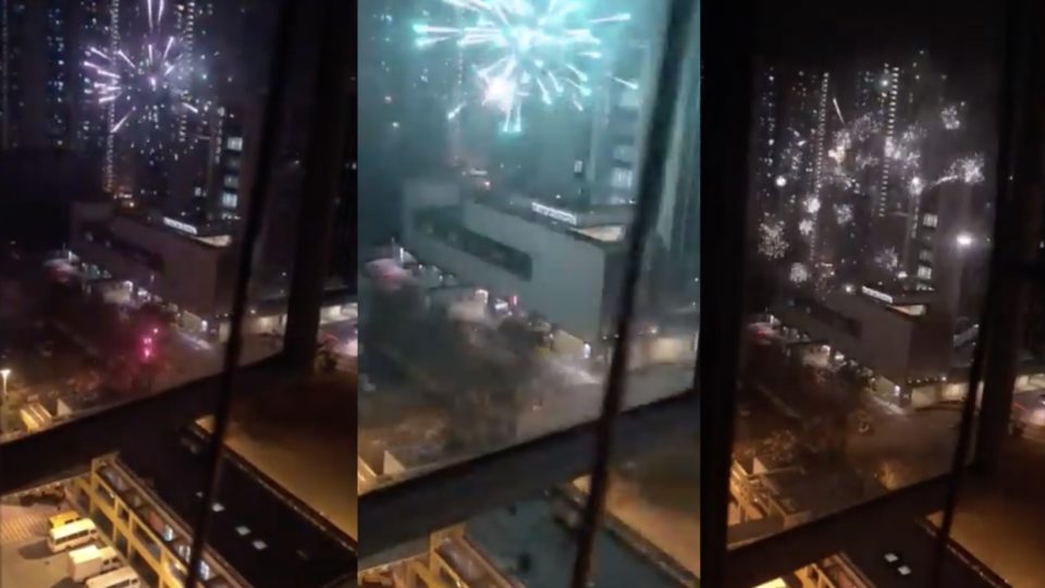 Police arrested two men for setting off fireworks near Tin Shui Wai Hospital last night. Screengrab via Facebook video/Chow Tak Kwai.