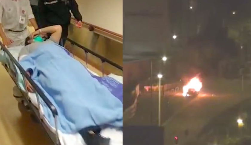 (Right) A man was taken to Kwong Wah Hospital for treatment following an attack that saw him sandwiched bewteen two cars and stabbed by seven men. Screengrabs via Apple Daily video.