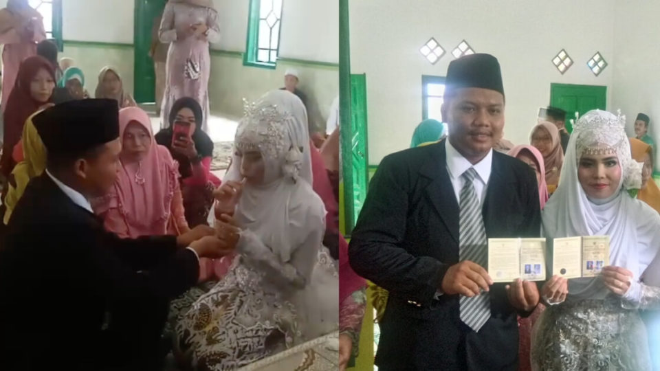 Rohman gave Cicih a glass of es cendol and IDR100,000 (US$7) in cash as dowries on their wedding day. Photo: Facebook/Bagus Yudhistira