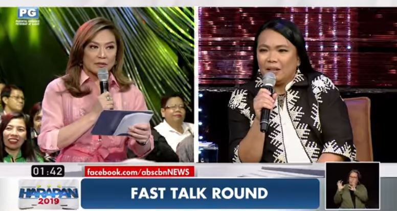 Karen Davila interviews senatorial candidate Agnes Escudero. Photo: Screenshot from Harapan 2019