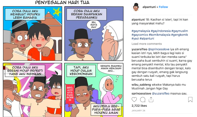 A screenshot of a comic strip by Instagram user @alpantuni, who has received massive backlash in Indonesia for his comic strip series depicting gay Muslim characters.