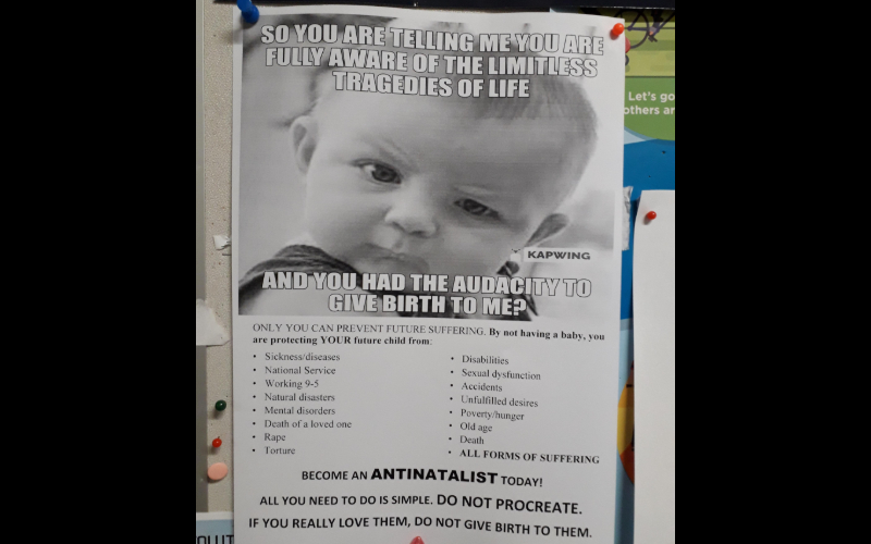 An antinatalism poster reportedly in a Singapore university urged students not to give birth to protect children from suffering (Photo: r/Singapore / Reddit)