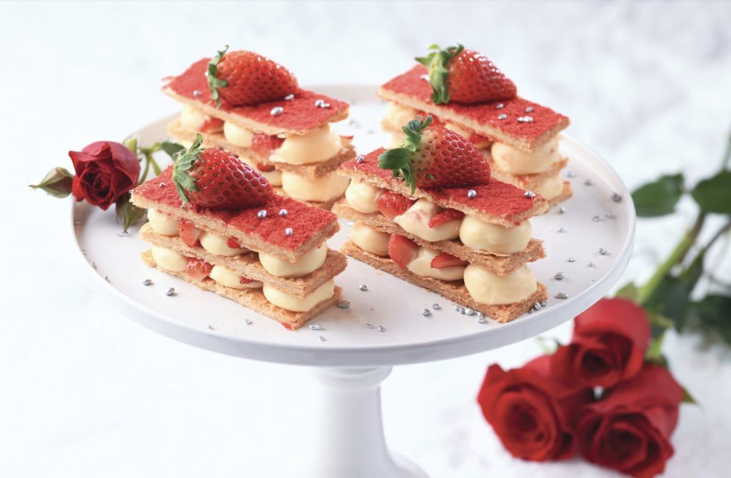 Alibi's strawberry mille feuille with rose hibuscus sorbet. Photo via Cordis.