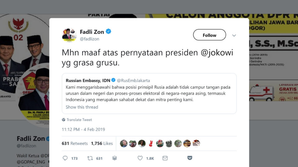 The tweet from Deputy House Speaker Fadli Zon says: “I beg forgiveness for the statement of President @jokowi, which was hasty.” Screenshot: @fadlizon / Twitter