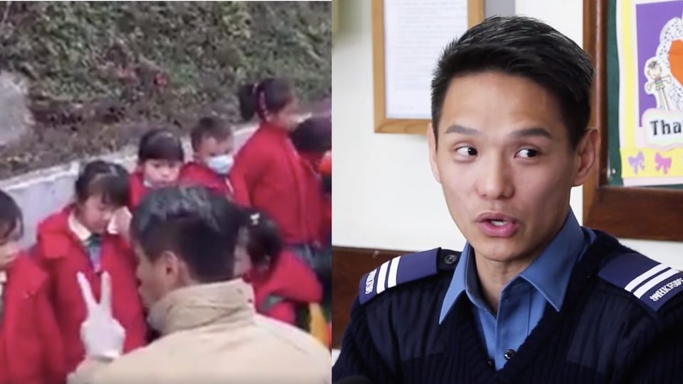 Chan Yee-leung has been revealed as the mystery firefighter who was filmed comforting tearful kindergarten children in Kwun Tong last month. Screengrabs via Facebook video and YouTube.