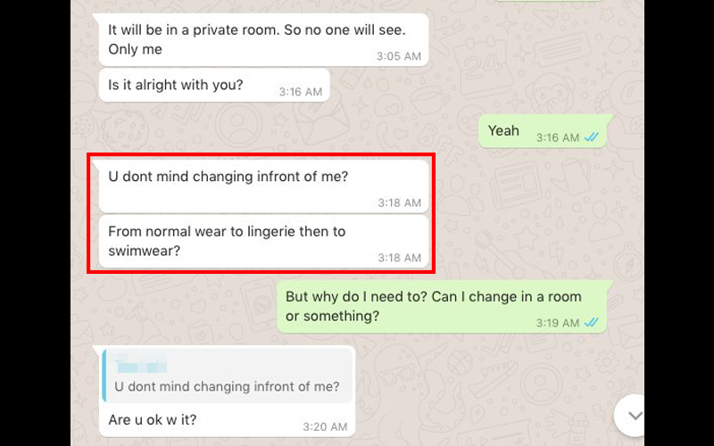 The photographer had asked her provocative questions including if she would change costumes in front of him (Photo: Megan Lee / Facebook)